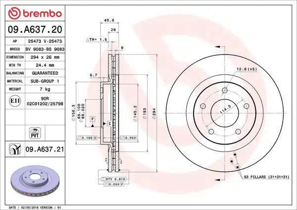 BREMBO 09-A637-21 | Fren Diski Ön Havalı 294 5 Mitsubishi Asx 2010 2 Adet