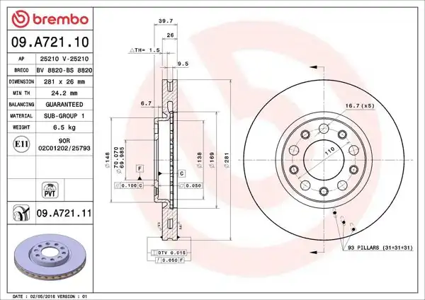 BREMBO 09.A721.10 | Fren Diski Ön Standard Alfa Romeo Giulietta 10> | 2 Adet