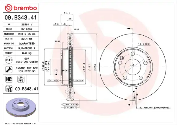 BREMBO 09-B343-41 | Fren Diski Ön Hava Kanallı Mercedes A Serisi W176 12 B Serisi W246 11 2 Adet