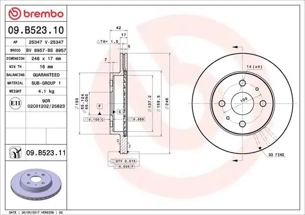 BREMBO 09.B523.10 | Fren Diski Ön Standard Toyota | 2 Adet
