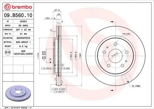 BREMBO 09.B560.10 | Fren Diski Ön Standard Toyota | 2 Adet
