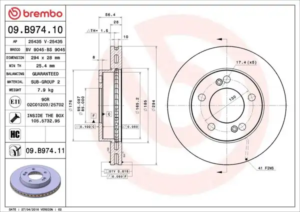 BREMBO 09.B974.11 | Fren Diski Ön Havalı-(294-5)-(Ssangyong Actyon 06 / 12 / Kyron 06 / 12)