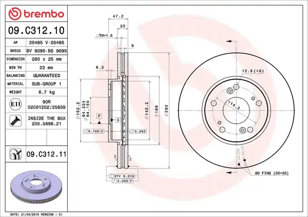 BREMBO 09-C312-11 | Fren Diski Ön Havalı 280 5 Karbon Kaplamalı Honda Civic 2012 2 Adet