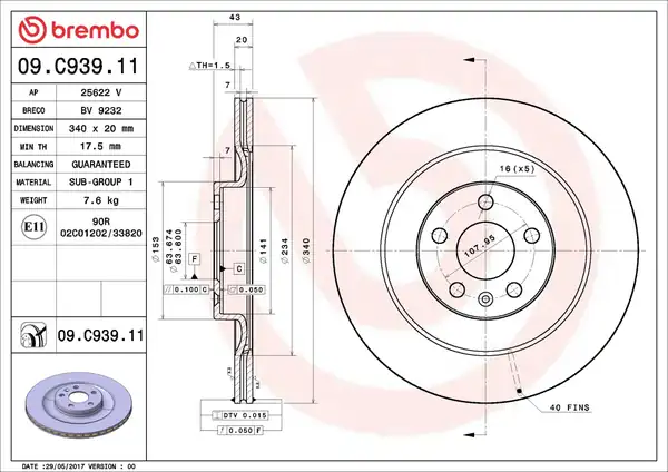 BREMBO 09-C939-11 | Fren Diski Arka UV Coated Volvo Xc90 II 256 2 0 T6 Awd 17 2 Adet
