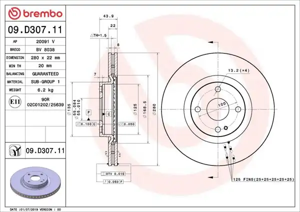 BREMBO 09.D307.11 | Fren Diski Ön UV Coated Fiat | 2 Adet