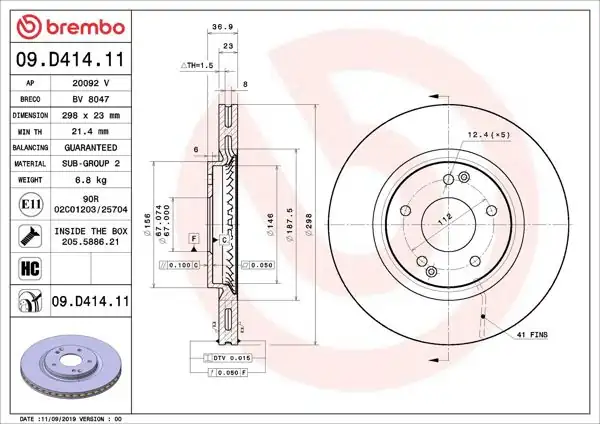 BREMBO 09.D414.11 | Fren Diski Ön UV Coated Ssangyong | 2 Adet