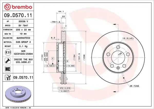 BREMBO 09.D570.11 | Fren Diski Ön Kaplamalı-256×22 5×100 (VW Polo 18- Audi A1 19- Seat Ibiza 18 -) | 2 Adet