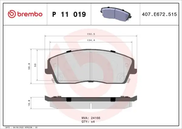 BREMBO P11019 | Fren Balatası Ön Low-Met Chrysler
