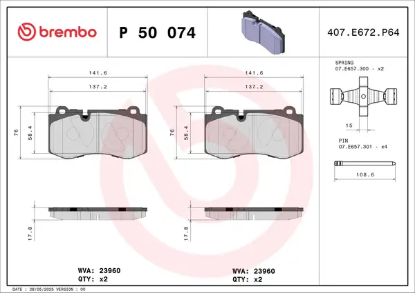 BREMBO P50074 | Fren Balatası Ön W219 W221 W211 C216 R230 05 14