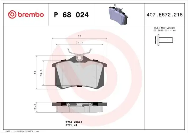 BREMBO P68024 | Arka Fren Balatası-Kablosuz 16mm Peugeot 207/208 C3 II C4 Cactus DS3 VW Golf IV-VI Passat Bora