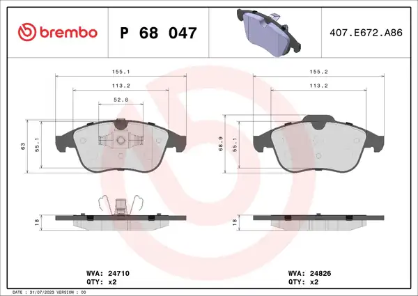 BREMBO P68047 | Fren Balatası Ön Renault Laguna III 2.0 16V F4r 2.0 M9r Scenic III 1.5 K9k 1.9 F9q