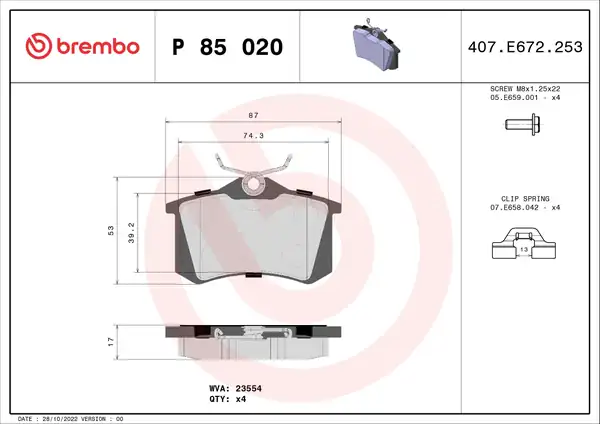 BREMBO P85020X | Fren Balatası Arka Kablosuz 17mm (Renault Megane II Peugeot 307 Citroen C3 / C4 -) Xtra