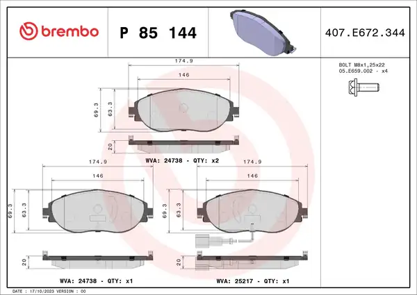 BREMBO P85144 | Fren Balatası Ön (VW Golf 13-Passat 15-Audi A3 13-Seat Leon 13-Skoda Octavia 13 -)