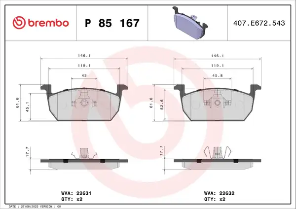 BREMBO P85167 | Fren Balatası Ön VW Polo 18 Audi A1 19 Seat Ibiza 18 Arona Kamiq Scala