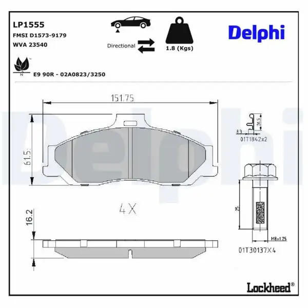 DELPHI LP1555 | Fren Balata Ön Ranger 2.5 TD 4×4 04 > Mazda B2500 01 > 03 Bt 50