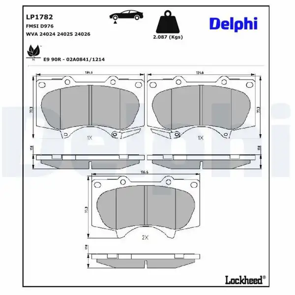 DELPHI LP1782 | Ön Fren Balatası Toyota Hilux (2009–2012) / Land Cruiser (2003→) / Mitsubishi Pajero (2007–2012)