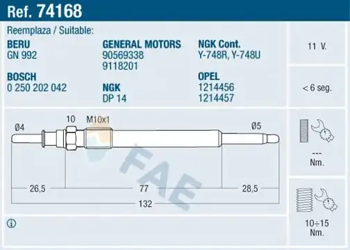 FAE 74168 | Kızdırma Bujisi Astra G / Vectra B X20tl-X22dth