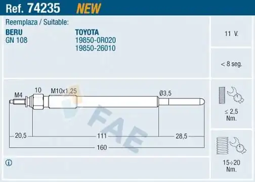 FAE 74235 | Kızdırma Bujisi 11v Toyota Auris Avensis Corolla Rav 4 2 0 2 2 D 4d