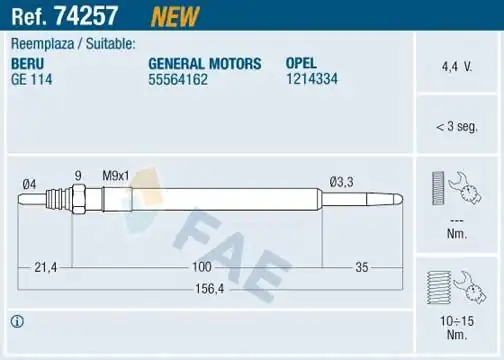 FAE 74257 | Kızdırma Bujisi Opel Insignia A20th Combo D 1 6d