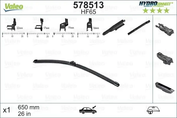VALEO 578513 | Ön Silecek Süpürgesi Muz Tip Hydroconnect HF65 650mm Multi-Clip (X1)