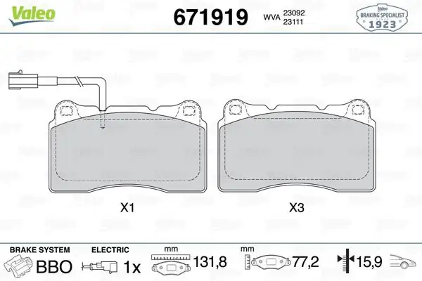 VALEO 671919 | Fren Balatası Ön Alfa Romeo 147 156 159 3.2Jts 2.4Jtdm 05-166 2.0 2.5 3.0 00 Spıder 3.2Jts 06