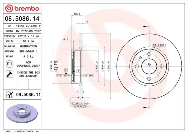 BREMBO 08.5086.14 | Fren Diski Ön Standard Chrysler, Brava/Bravo I/Marea/Punto/Tempra/Tipo, Alfa 145-146 | 2 Adet
