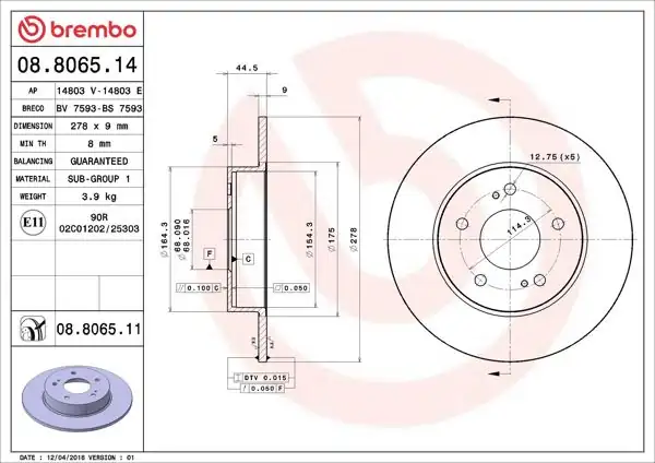 BREMBO 08.8065.14 | Fren Diski Arka Düz-(278-5)-(Nissan Maxıma 95 / 06)