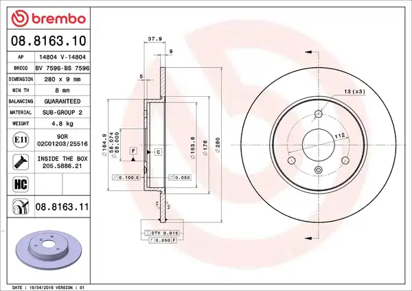 BREMBO 08.8163.11 | Fren Diski Ön UV Coated Smart | 2 Adet