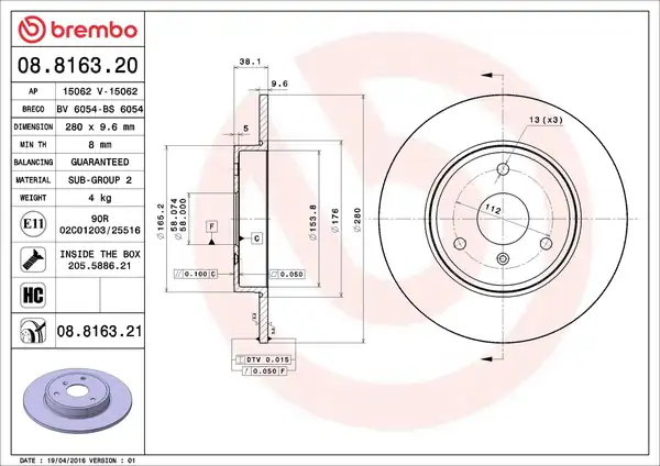 BREMBO 08-8163-20 | Fren Diski Ön Standard Smart W450 W451 Fortwo 2 Adet