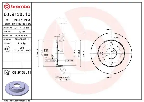 BREMBO 08.9138.10 | Fren Diski Ön Standard Daihatsu | 2 Adet