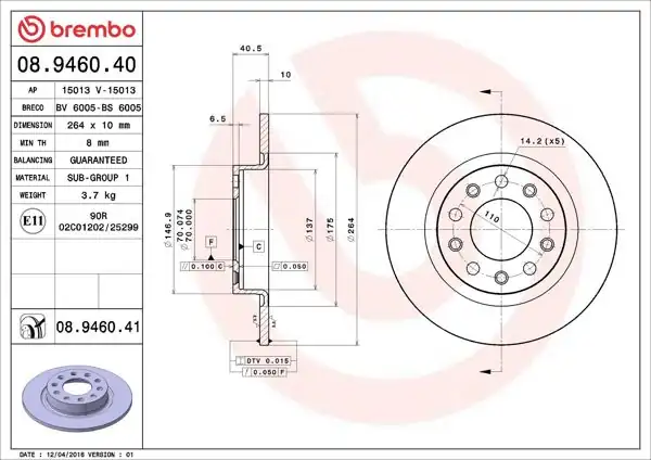 BREMBO 08.9460.41 | Fren Diski Arka UV Coated Alfa Romeo Giulietta 10> | 2 Adet