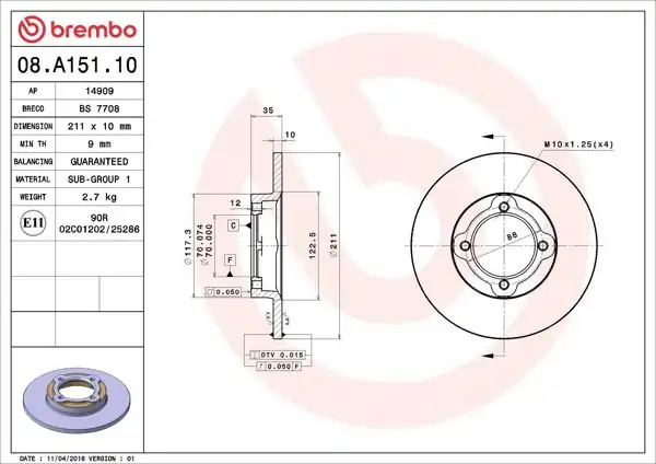 BREMBO 08.A151.10 | Fren Diski Ön Standard Daihatsu | 2 Adet