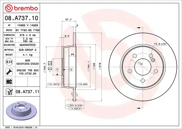 BREMBO 08-A737-11 | Fren Diski Arka Kaplamalı Mercedes W204 C180 C200 2 Adet 1733005