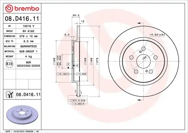 BREMBO 08.D416.11 | Fren Diski Arka UV Coated Toyota | 2 Adet