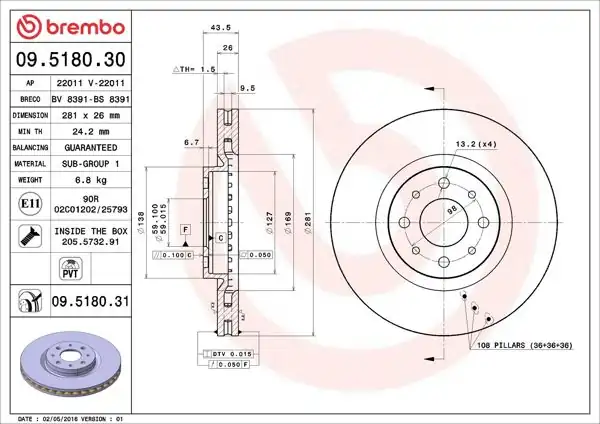 BREMBO 09.5180.31 | Fren Diski Ön UV Coated Alfa Romeo | 2 Adet