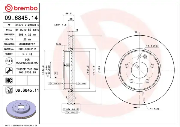 BREMBO 09-6845-11 | Fren Diski Ön Kaplamalı Mercedes W203 W209 W210 C180 C200 E200 2 Adet