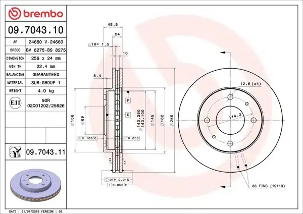 BREMBO 09.7043.11 | Fren Diski Ön UV Coated Mitsubishi | 2 Adet