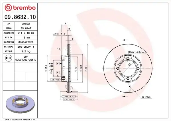 BREMBO 09.8632.10 | Fren Diski Ön Standard Daihatsu | 2 Adet