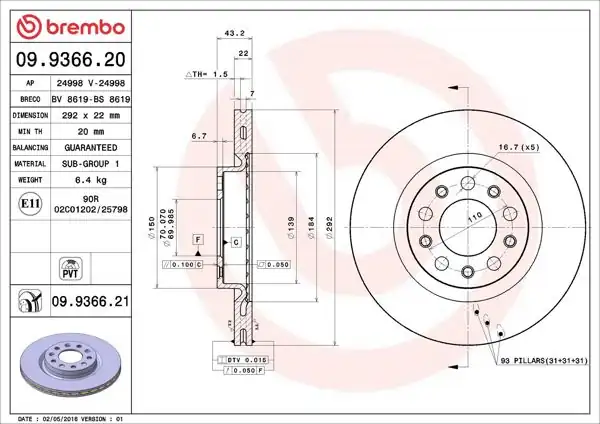 BREMBO 09.9366.21 | Fren Diski Arka UV Coated Alfa Romeo | 2 Adet