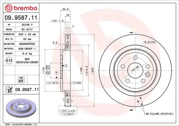 BREMBO 09-9587-11 | Arka Fren Diski Volvo S60 S80 V60 V70 Xc70 07 Soğutmalı UV Coated 2 Adet