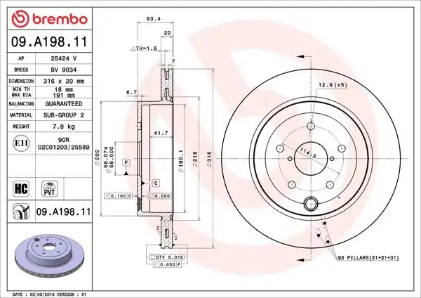 BREMBO 09.A198.11 | Fren Diski Arka UV Coated Subaru | 2 Adet