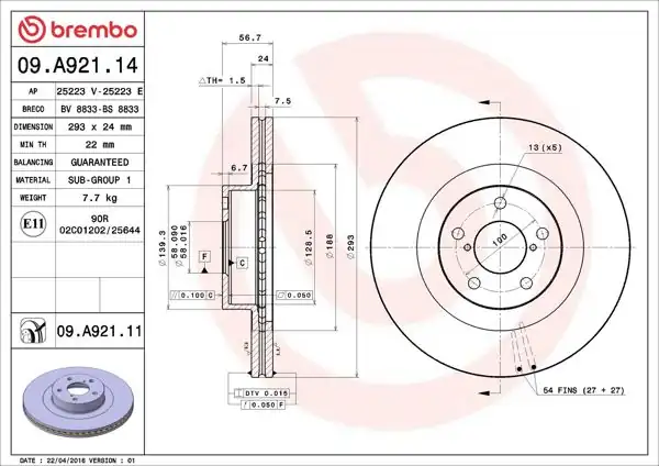 BREMBO 09.A921.11 | Fren Diski Ön Havalı (294-5) Subaru Forester, Impreza, Legacy, Outback 03-11