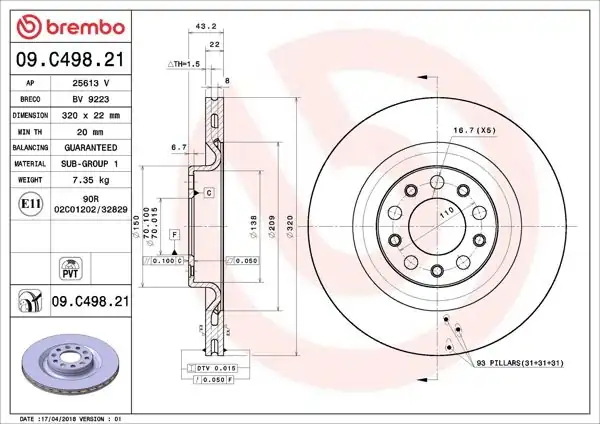BREMBO 09.C498.21 | Fren Diski Arka UV Coated Alfa Romeo Giulia/Stelvio 2.0/2.2 15> | 2 Adet
