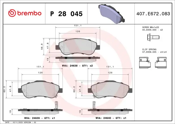 BREMBO P28045 | Fren Balatası Ön Honda CRV III 2007 Honda CRV IV 2007 2012 Honda CRV V 2015
