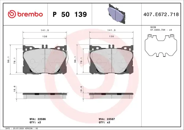 BREMBO P50139 | Fren Balatası Ön Mercedes W205 C257 W213 C238 C253 N293 4 Matic