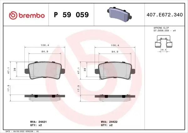 BREMBO P59059 | Fren Balatası Arka (Opel Insignia 08)  16-17 (İnc) Jant