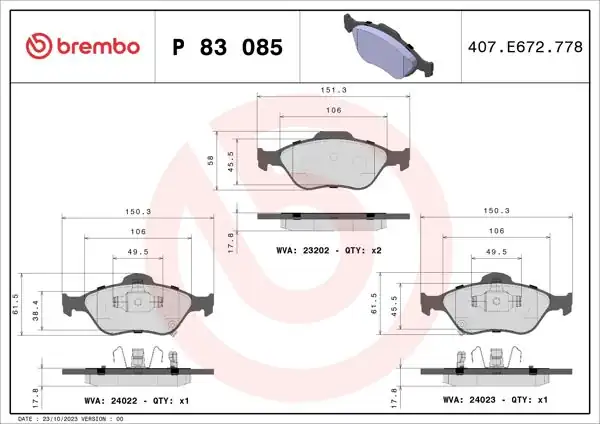BREMBO P83085 | Fren Balatası Ön-(Toyota Yaris 06 / 11)