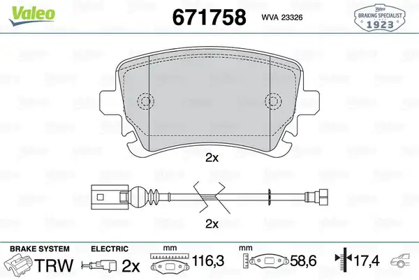 VALEO 671758 | Fren Balatası Arka 116mm Audi A4/A6/A8 04-08 VW Phaeton 02-