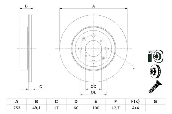 BOSCH 0986479E75 | Fren Diski Opel Agila A 253mm (Havalı) Ön | 2 Adet