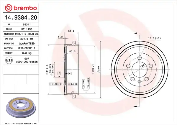 BREMBO 14-9384-20 | Kampana Vag Po4 5 A2 00 22